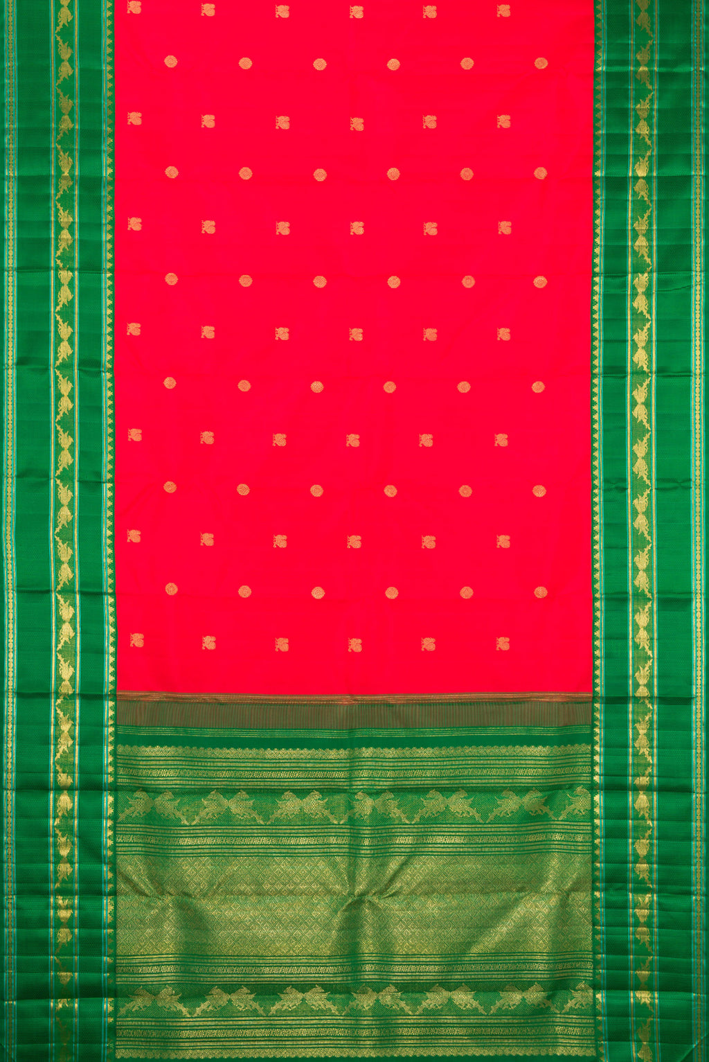 Flat view of Pure Silk Pure Zari Red Kanjivaram Saree with Zari Butta on the body and Zari Border. 