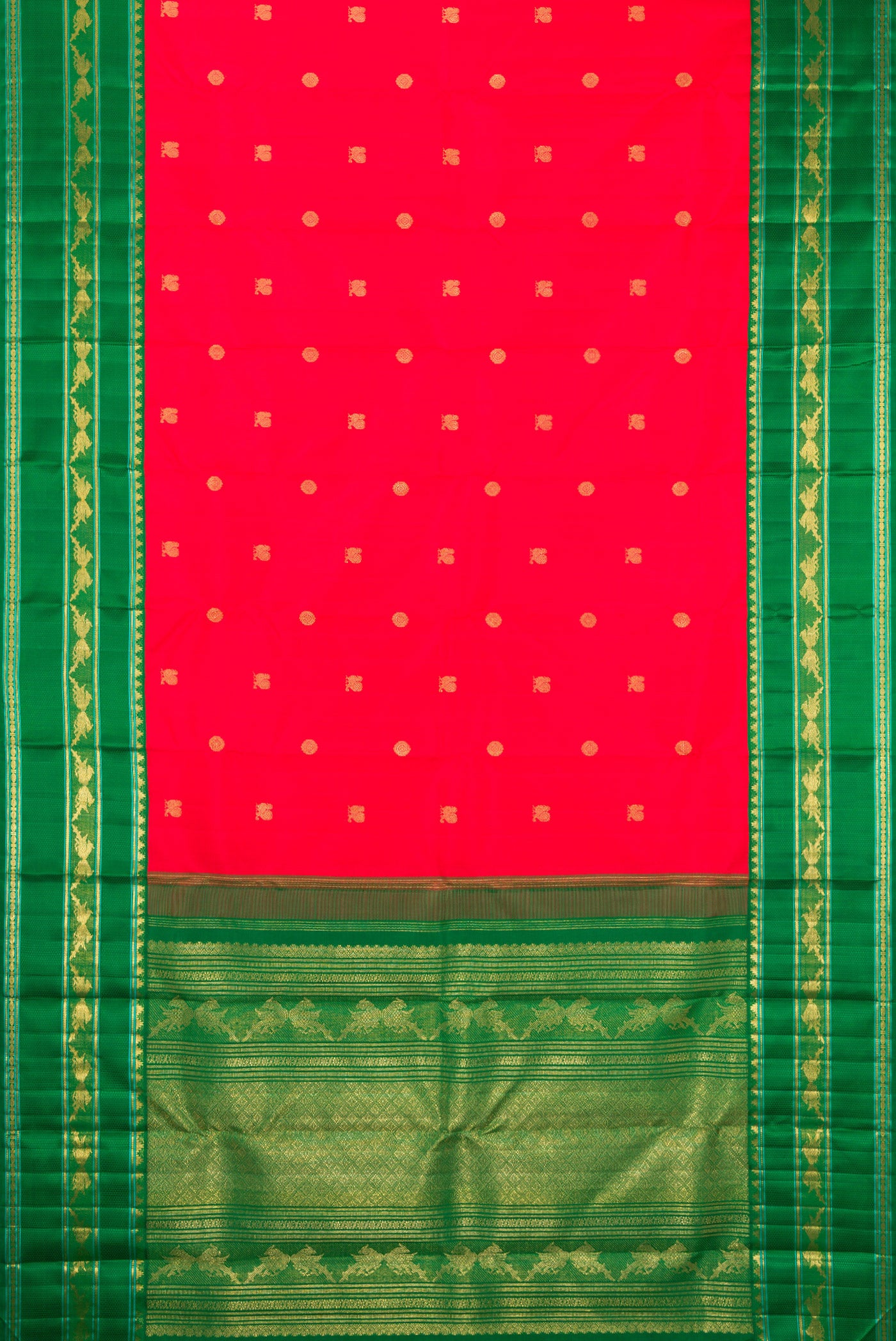 Flat view of Pure Silk Pure Zari Red Kanjivaram Saree with Zari Butta on the body and Zari Border. 