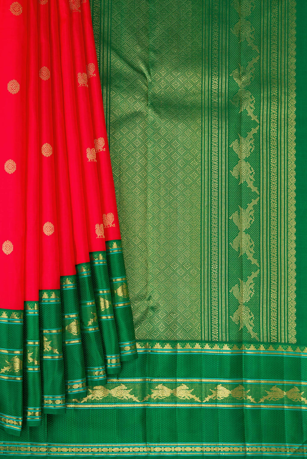 Pleats and pallu of Pure Silk Pure Zari Red Kanjivaram Saree with Zari Butta on the body and Zari Border. 