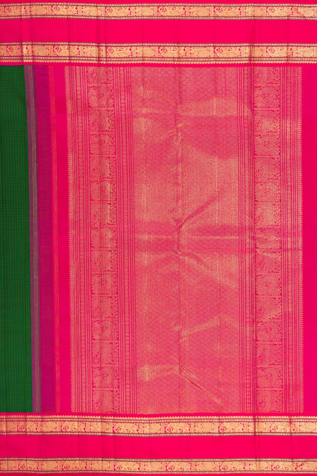 Close up image of the pallu of Pure Silk Pure Zari Green Kanjivaram Saree with Zari Butta on the body and Zari Border. 