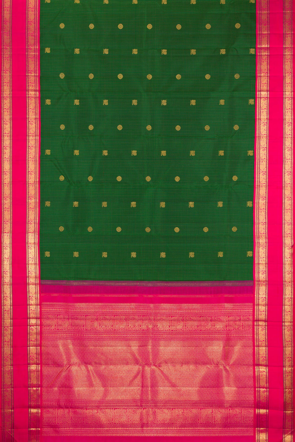 Flat view of Pure Silk Pure Zari Green Kanjivaram Saree with Zari Butta on the body and Zari Border. 