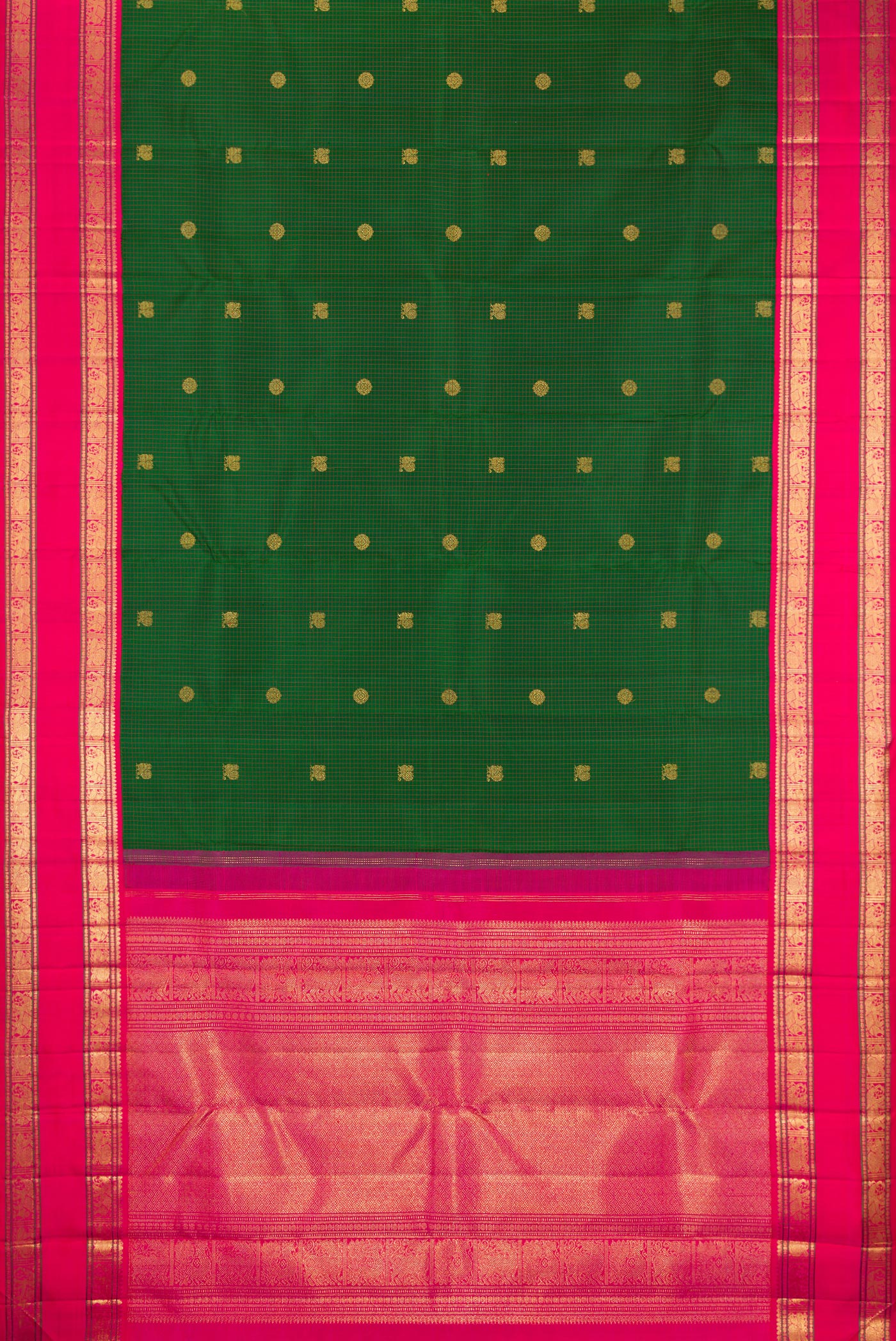Flat view of Pure Silk Pure Zari Green Kanjivaram Saree with Zari Butta on the body and Zari Border. 