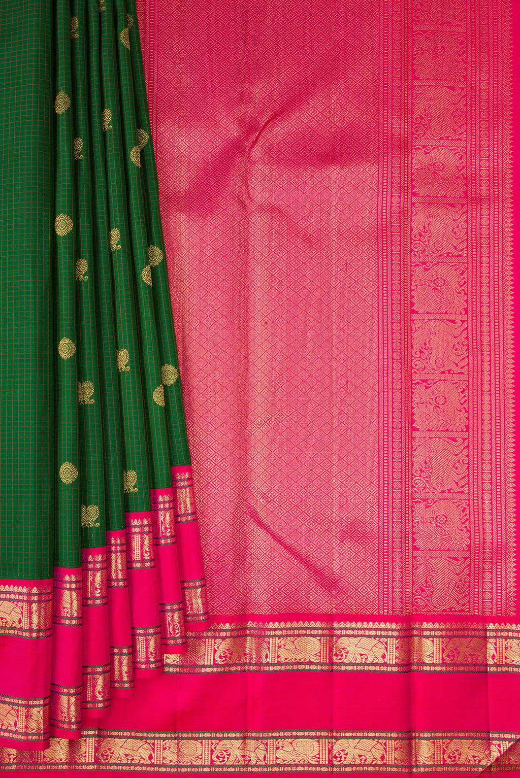 Pleats and pallu of Pure Silk Pure Zari Green Kanjivaram Saree with Zari Butta on the body and Zari Border. 