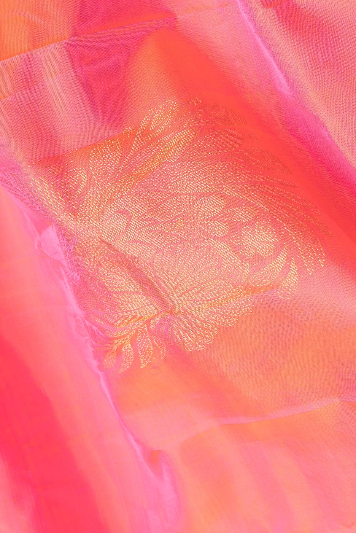 Close up of Pure Silk Pink Dual Tone Kanchipuram Saree with Zari Butta on the body and Without Border.  displaying folds