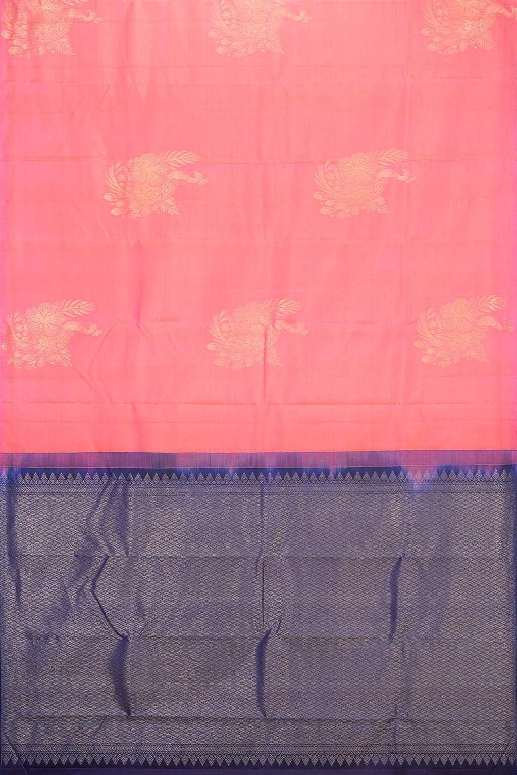 Flat view of Pure Silk Pink Dual Tone Kanchipuram Saree with Zari Butta on the body and Without Border. 