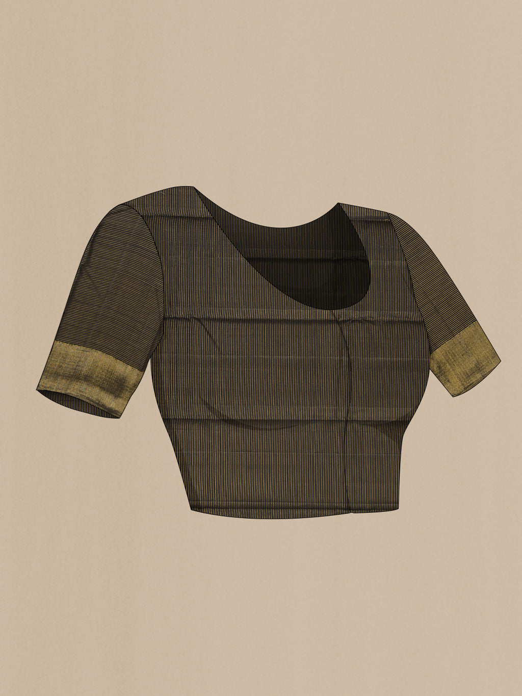 Close up image of the blouse of Black Kanchipuram Silk Saree with Checked design on the body and Zari Border. 