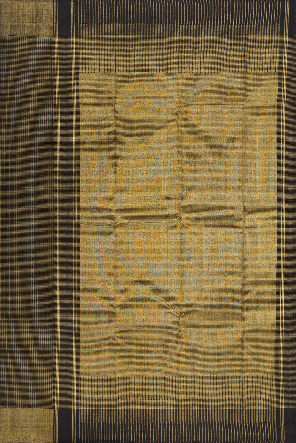Close up image of the pallu of Black Kanchipuram Silk Saree with Checked design on the body and Zari Border. 
