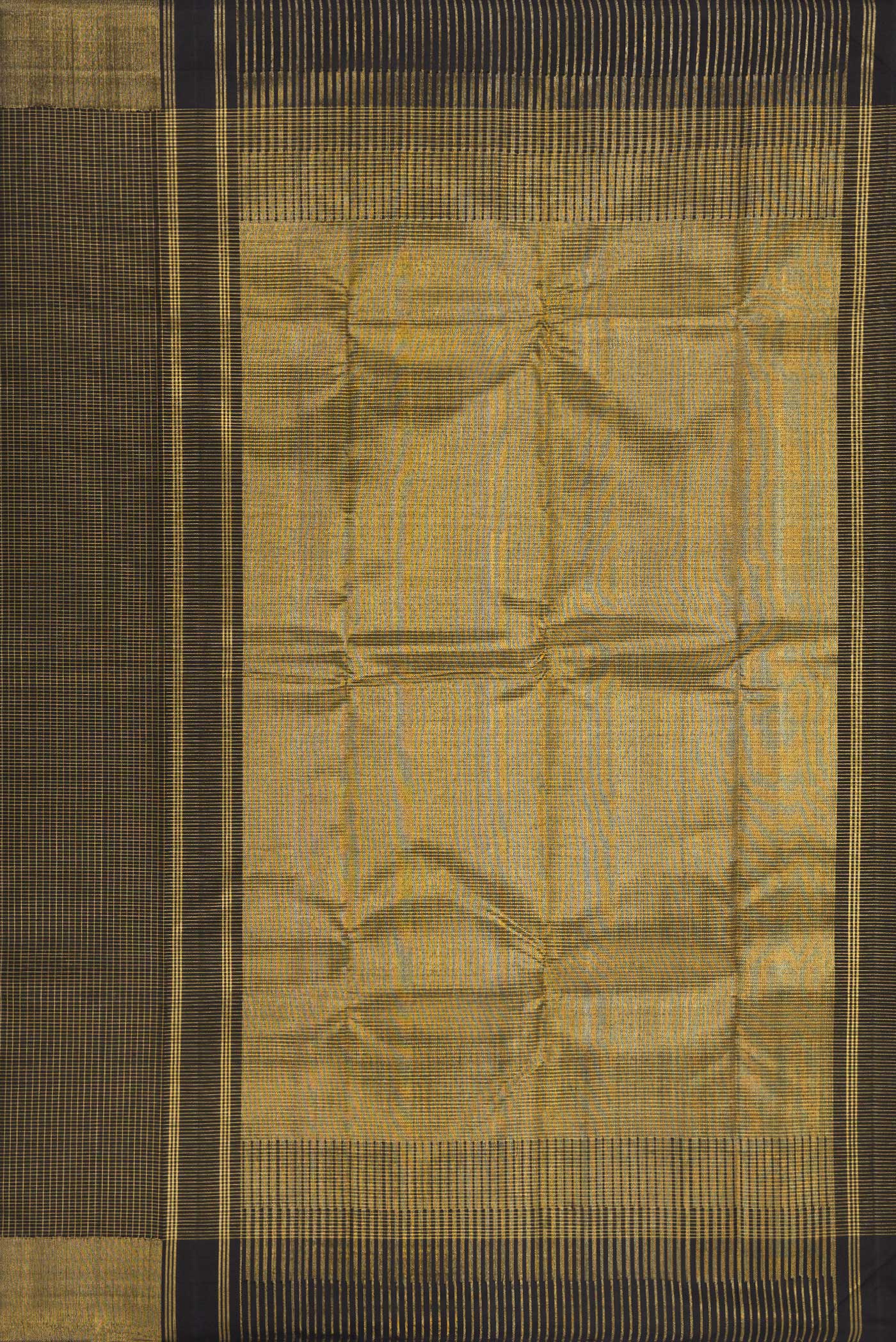 Close up image of the pallu of Black Kanchipuram Silk Saree with Checked design on the body and Zari Border. 