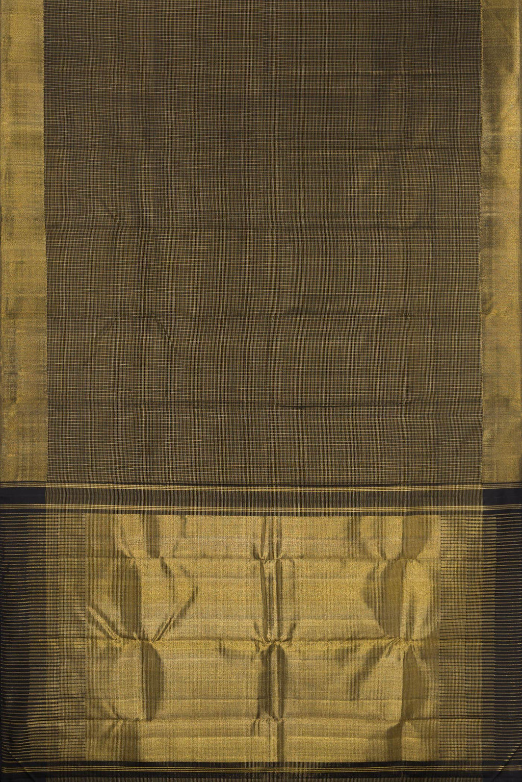 Flat view of Black Kanchipuram Silk Saree with Checked design on the body and Zari Border. 