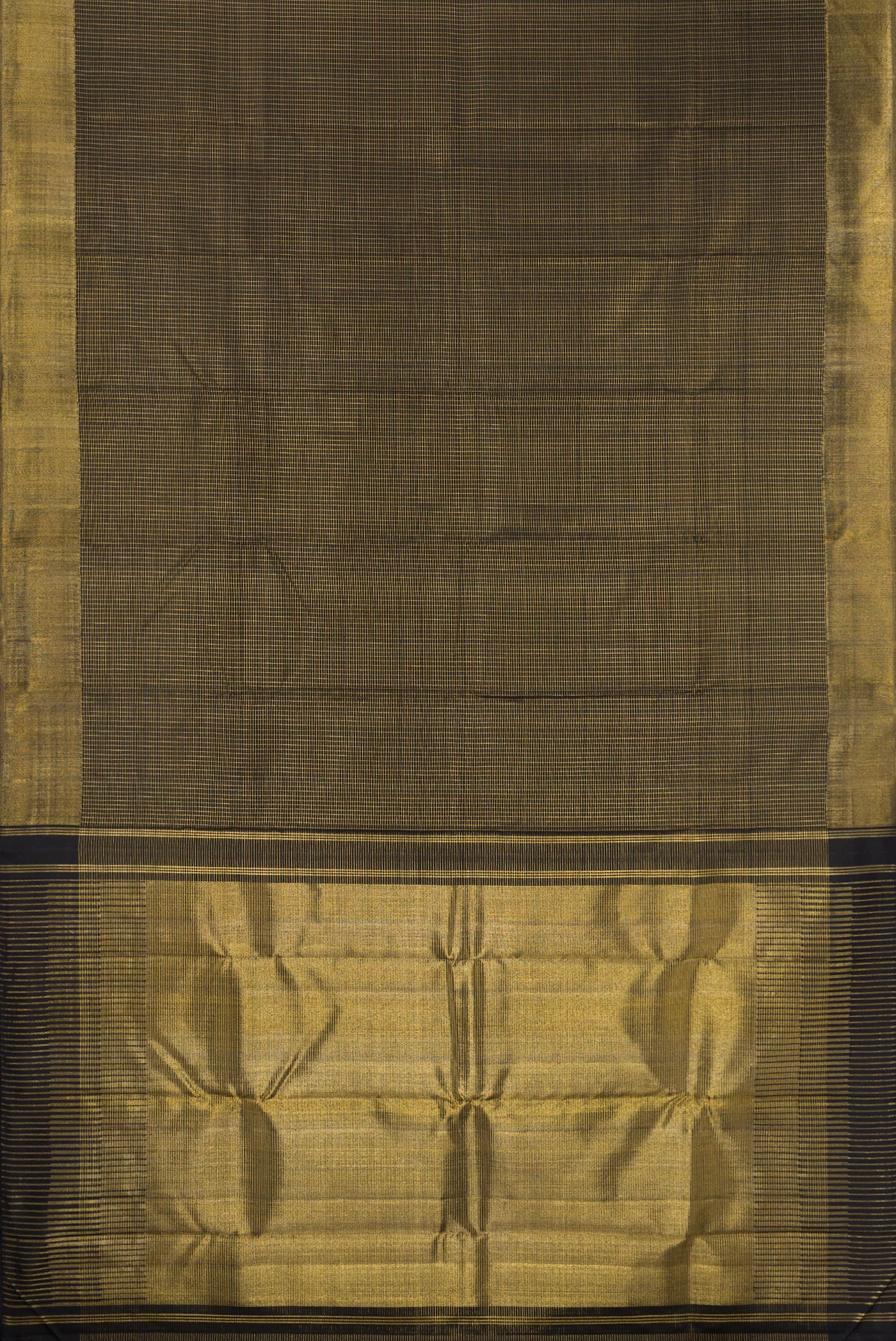 Flat view of Black Kanchipuram Silk Saree with Checked design on the body and Zari Border. 