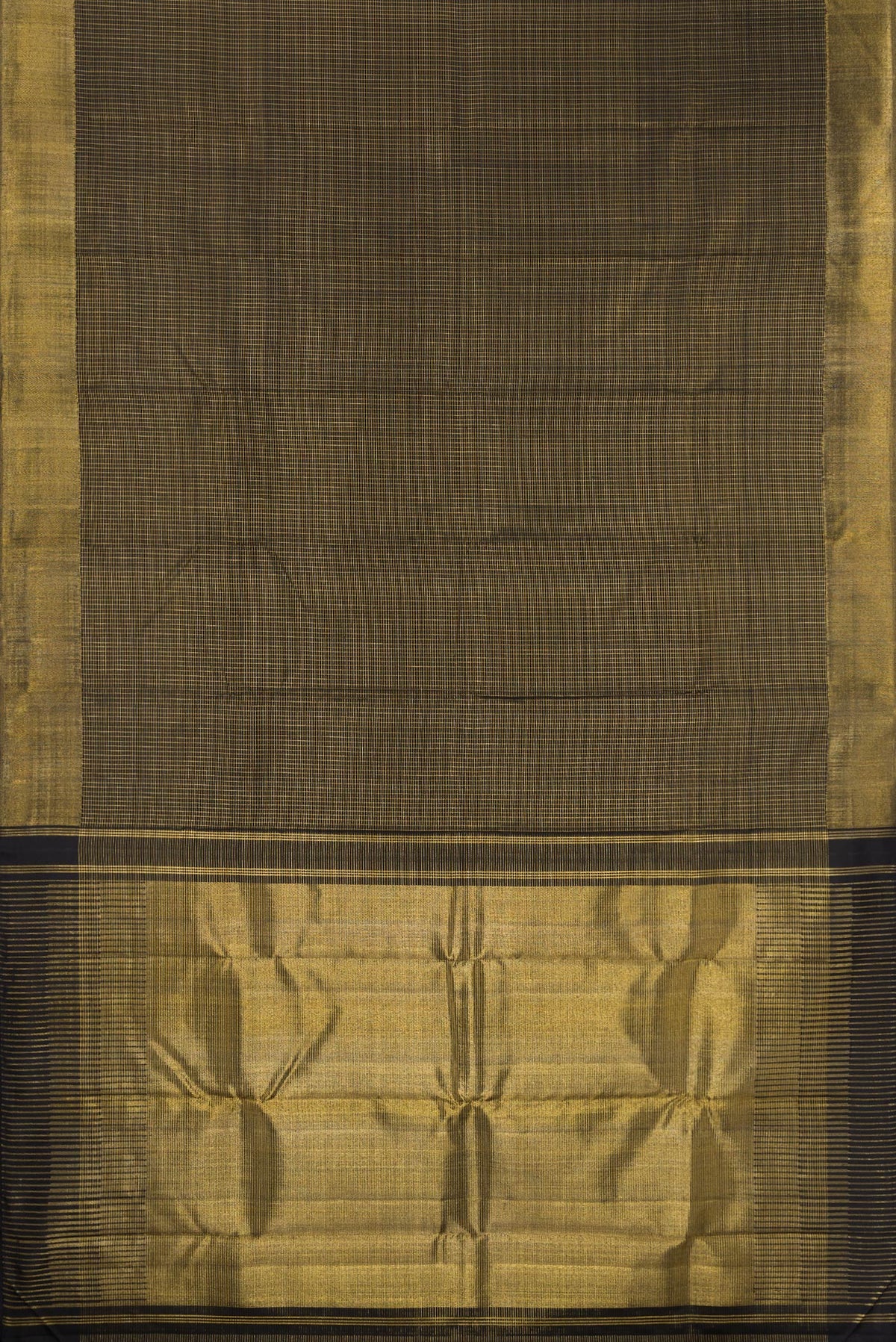 Flat view of Black Kanchipuram Silk Saree with Checked design on the body and Zari Border. 