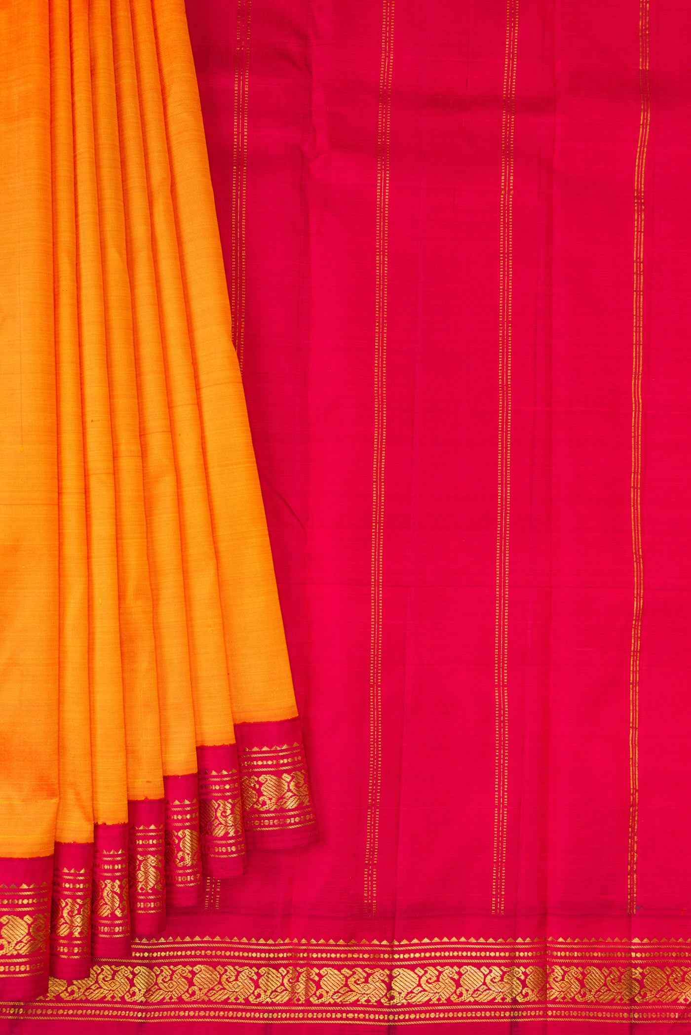 Pleats and pallu of Pure Silk Pure Zari Orange Kanjivaram Saree with Plain Body and One Side Border. 