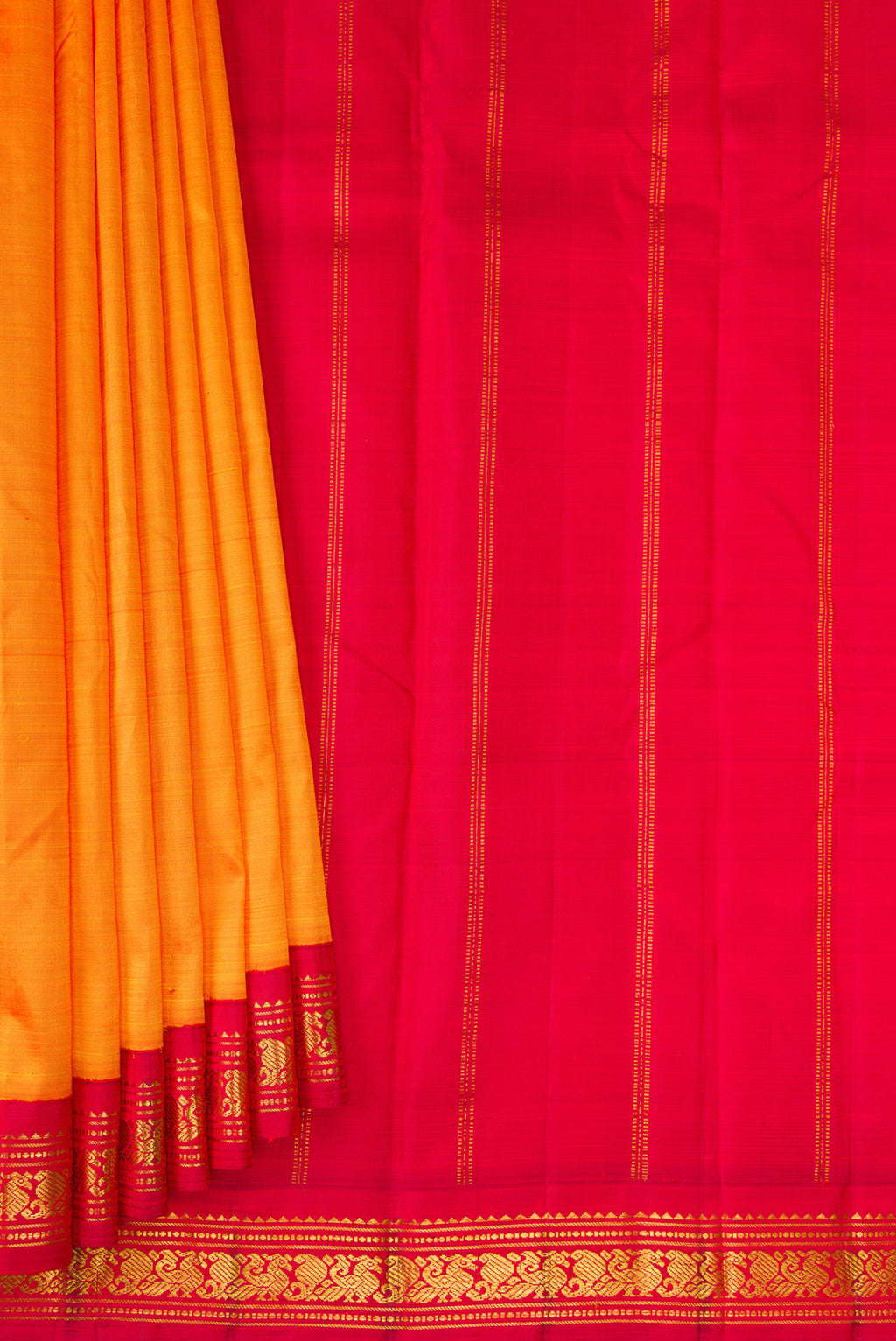 Pleats and pallu of Pure Silk Pure Zari Orange Kanjivaram Saree with Plain Body and One Side Border. 
