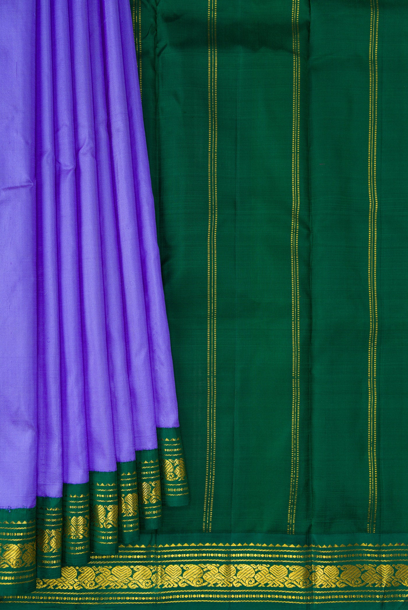 Pleats and pallu of Pure Silk Pure Zari Maya Blue Kanjivaram Saree with Plain Body and One Side Border. 