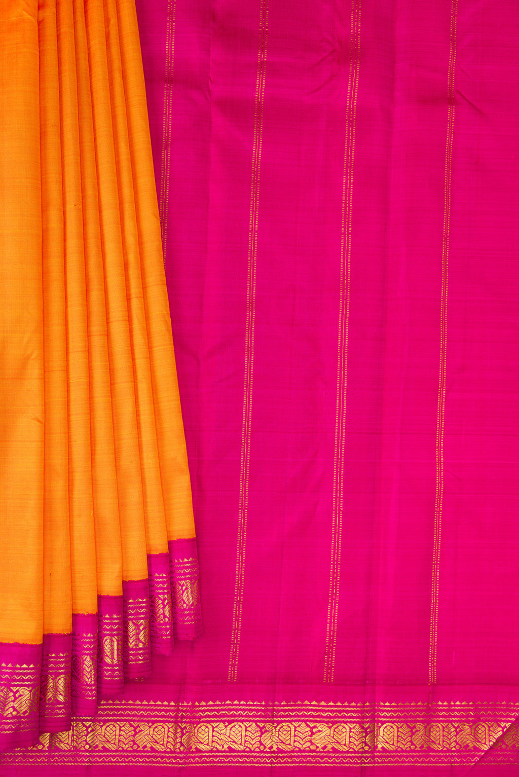 Pleats and pallu of Pure Silk Pure Zari Orange Kanjivaram Saree with Plain Body and One Side Border. 