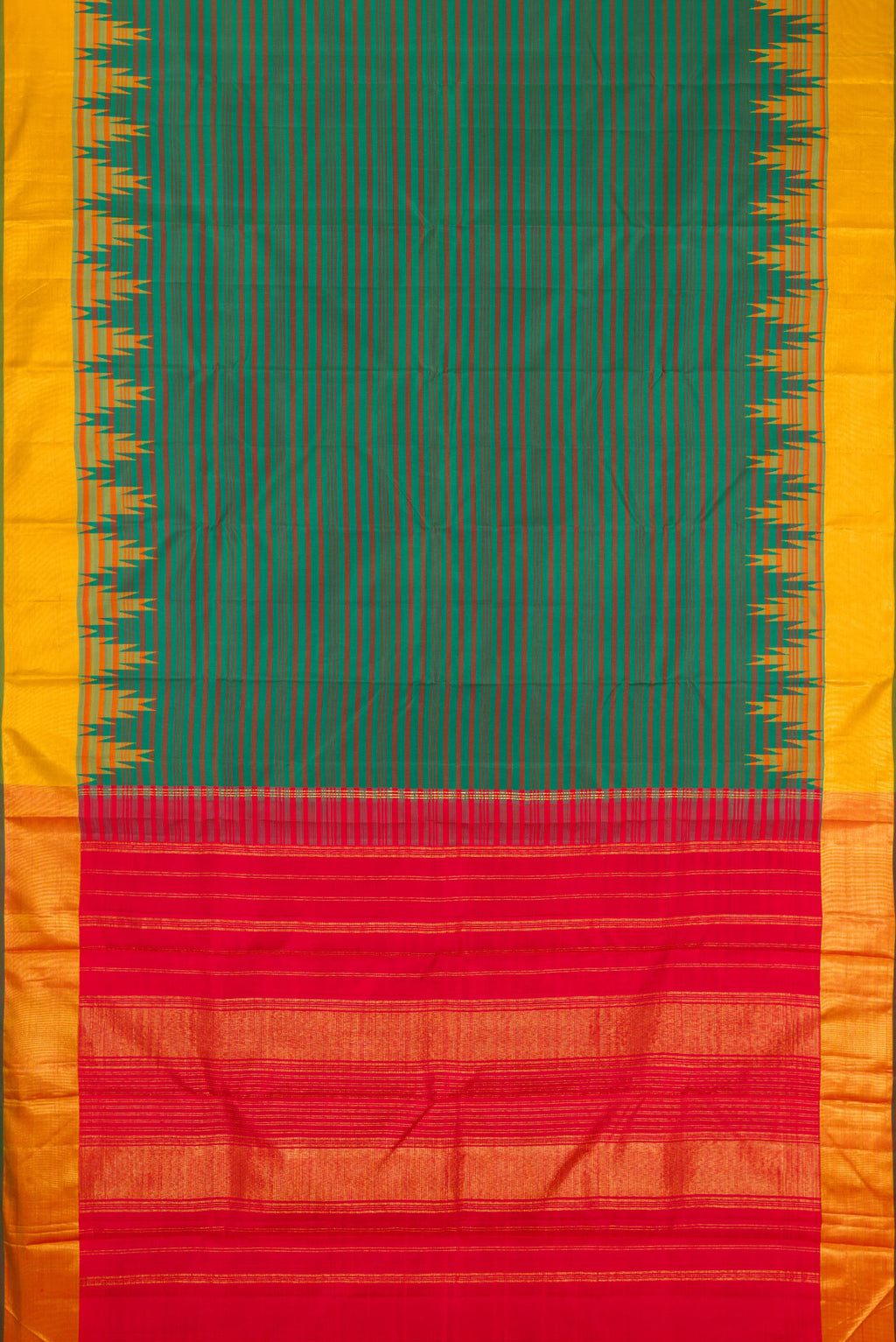 Flat view of Bottle Green Dual Tone Kanjivaram Silk Saree with Stripes on the body and Temple Border. 