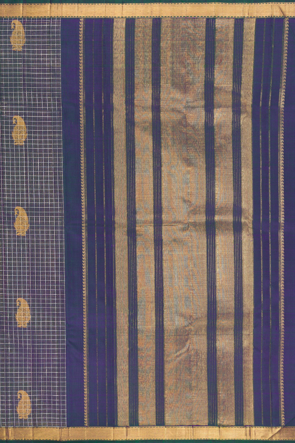 Close up image of the pallu of Peacock Blue Dual Tone Kanchipuram Silk Saree with Checked design on the body and Zari Border. 
