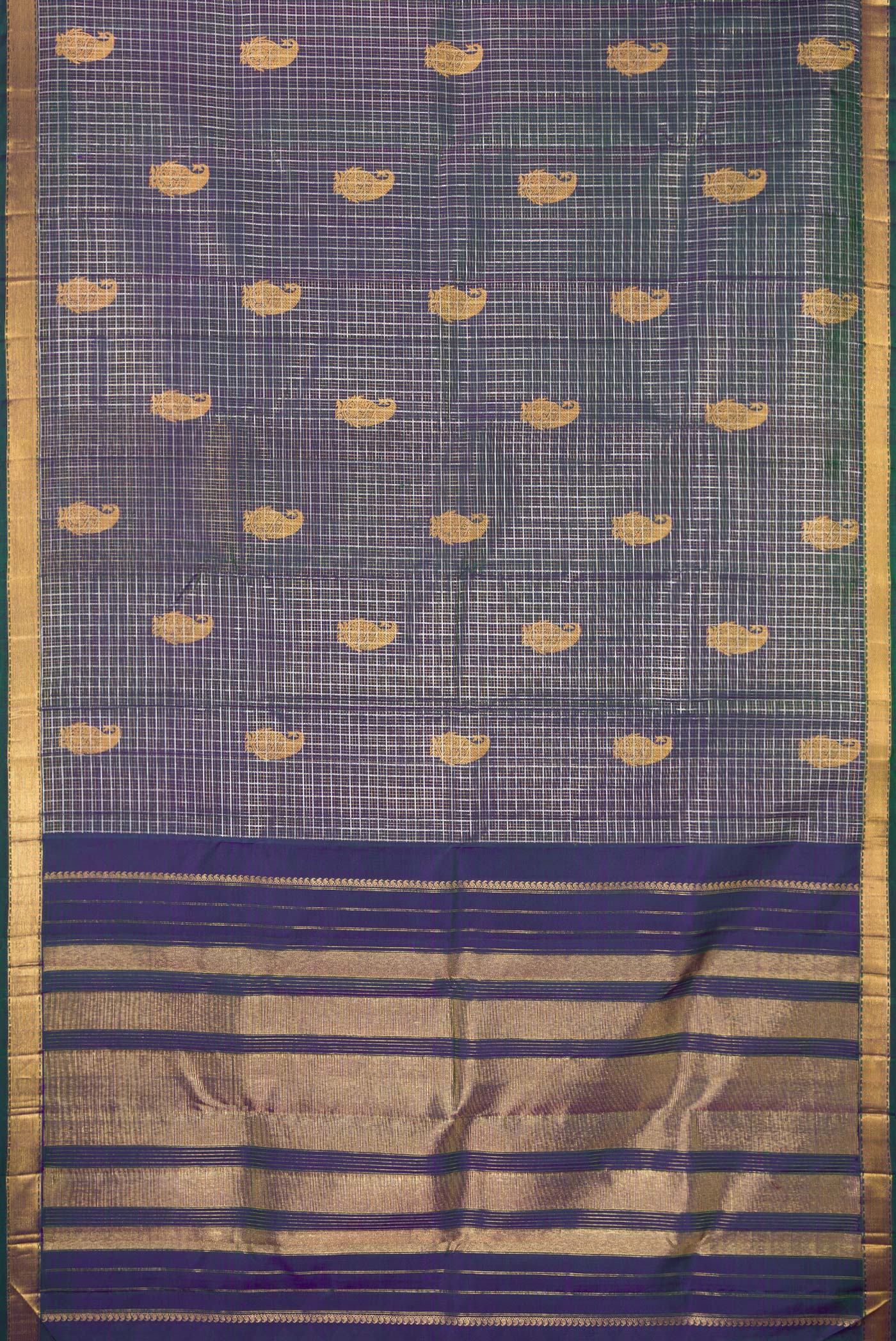 Flat view of Peacock Blue Dual Tone Kanchipuram Silk Saree with Checked design on the body and Zari Border. 