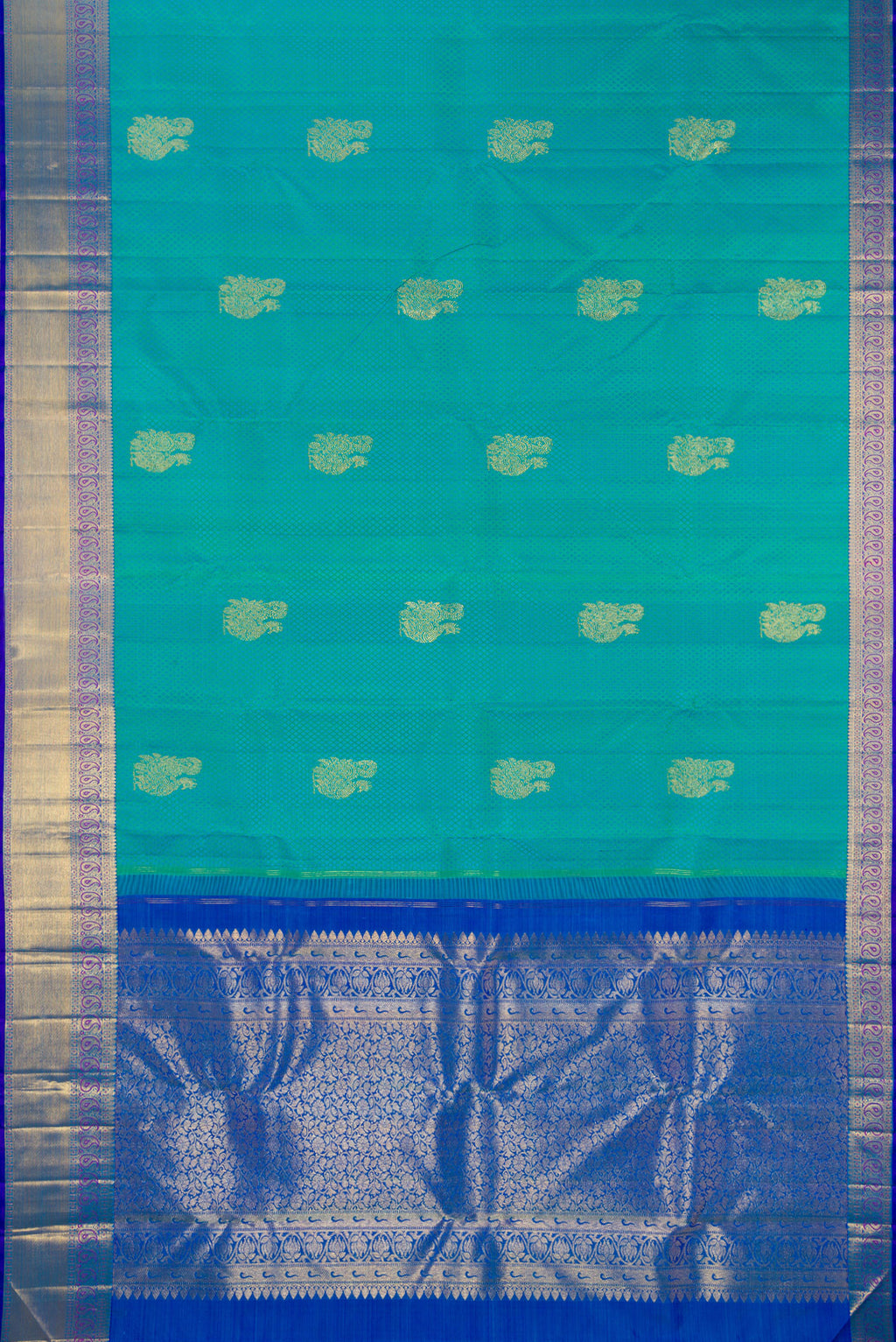 Flat view of Sea Green Kanjivaram Silk Saree with Jacquard With Zari Butta on the body and Zari Border. 