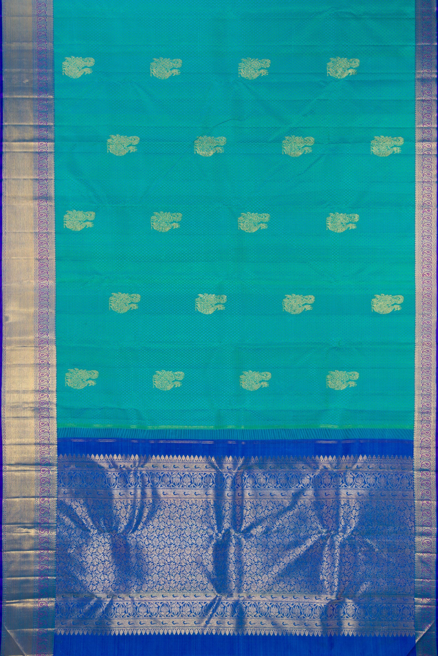 Flat view of Sea Green Kanjivaram Silk Saree with Jacquard With Zari Butta on the body and Zari Border. 