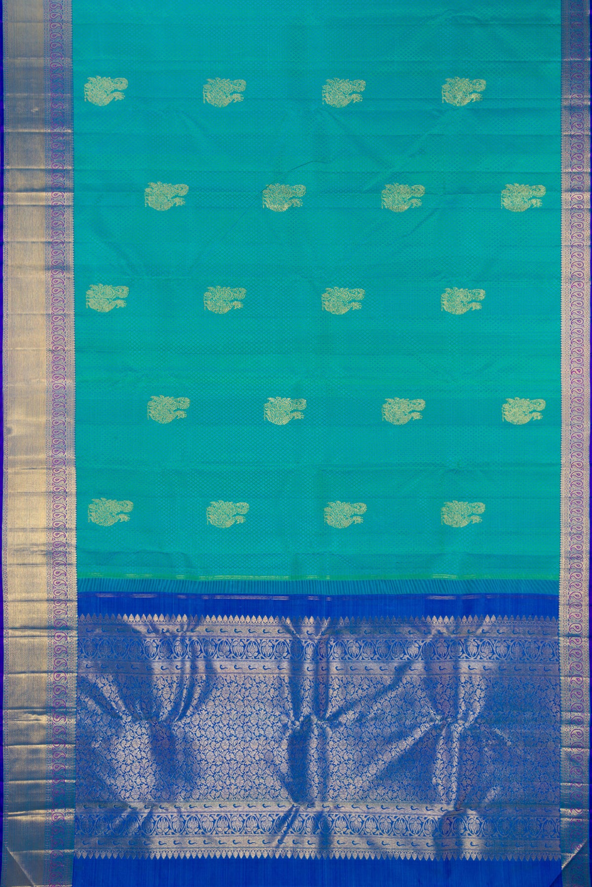 Flat view of Sea Green Kanjivaram Silk Saree with Jacquard With Zari Butta on the body and Zari Border. 