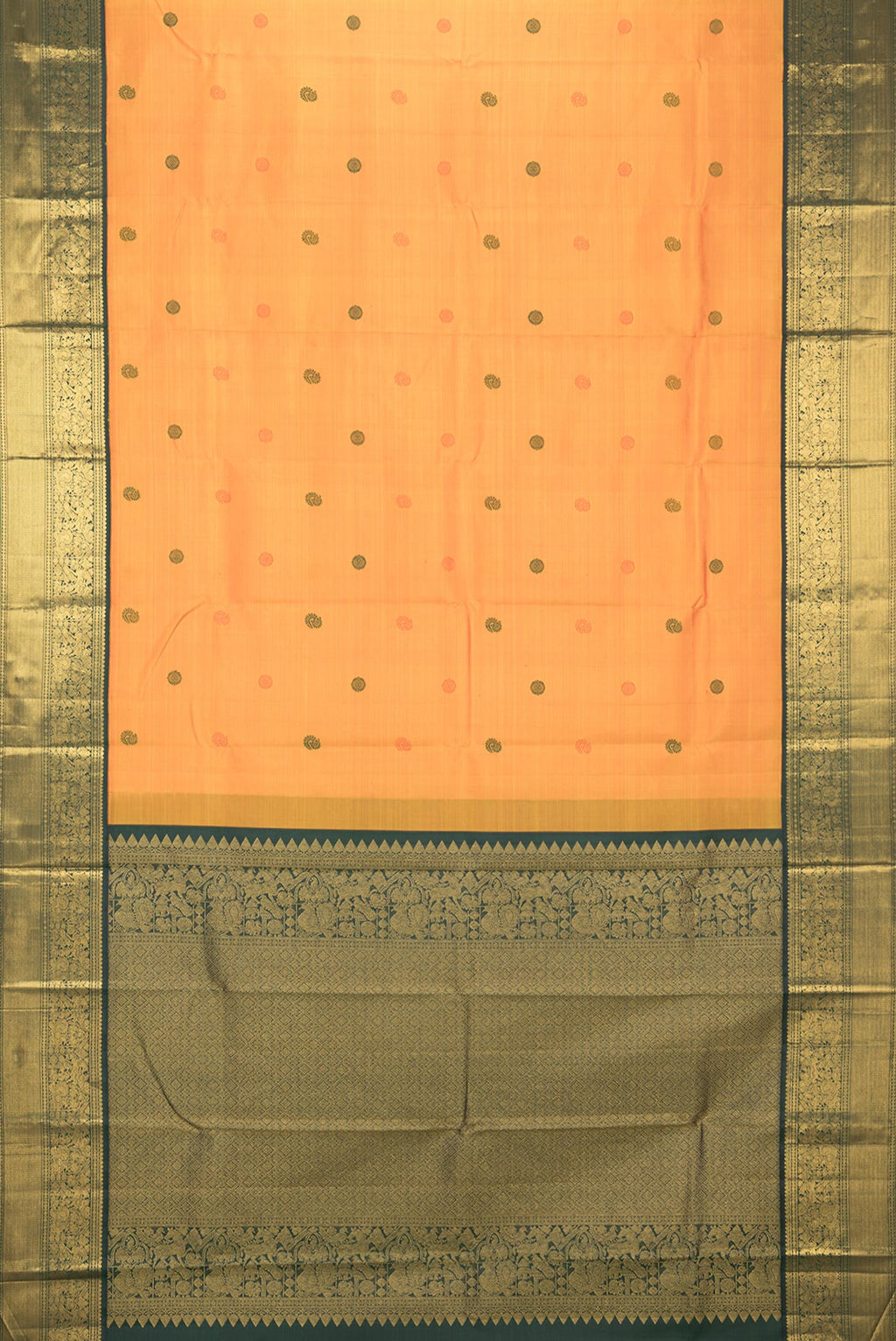 Flat view of Pure Silk Orange Kanjivaram Saree with Thread Butta on the body and Zari Border. 