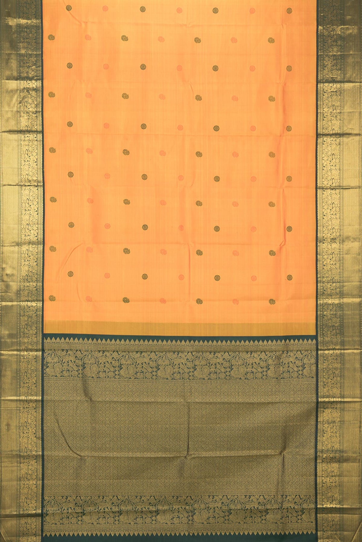 Flat view of Pure Silk Orange Kanjivaram Saree with Thread Butta on the body and Zari Border. 