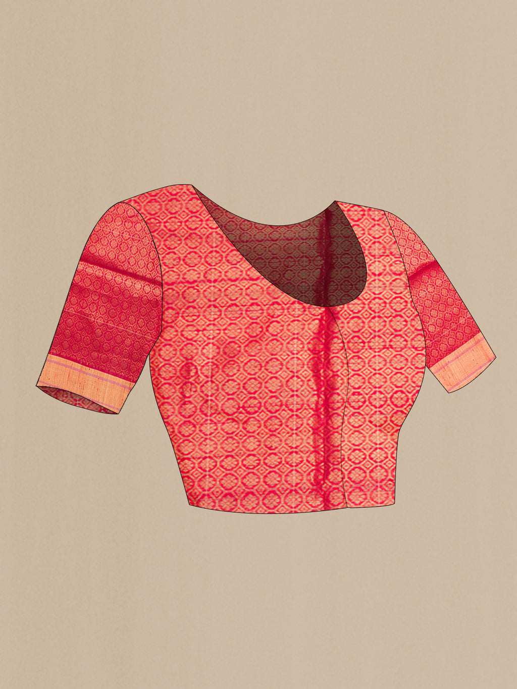 Close up image of the blouse of Pure Silk Red Dual Tone Raw Saree with Zari Butta on the body and Zari Border. 