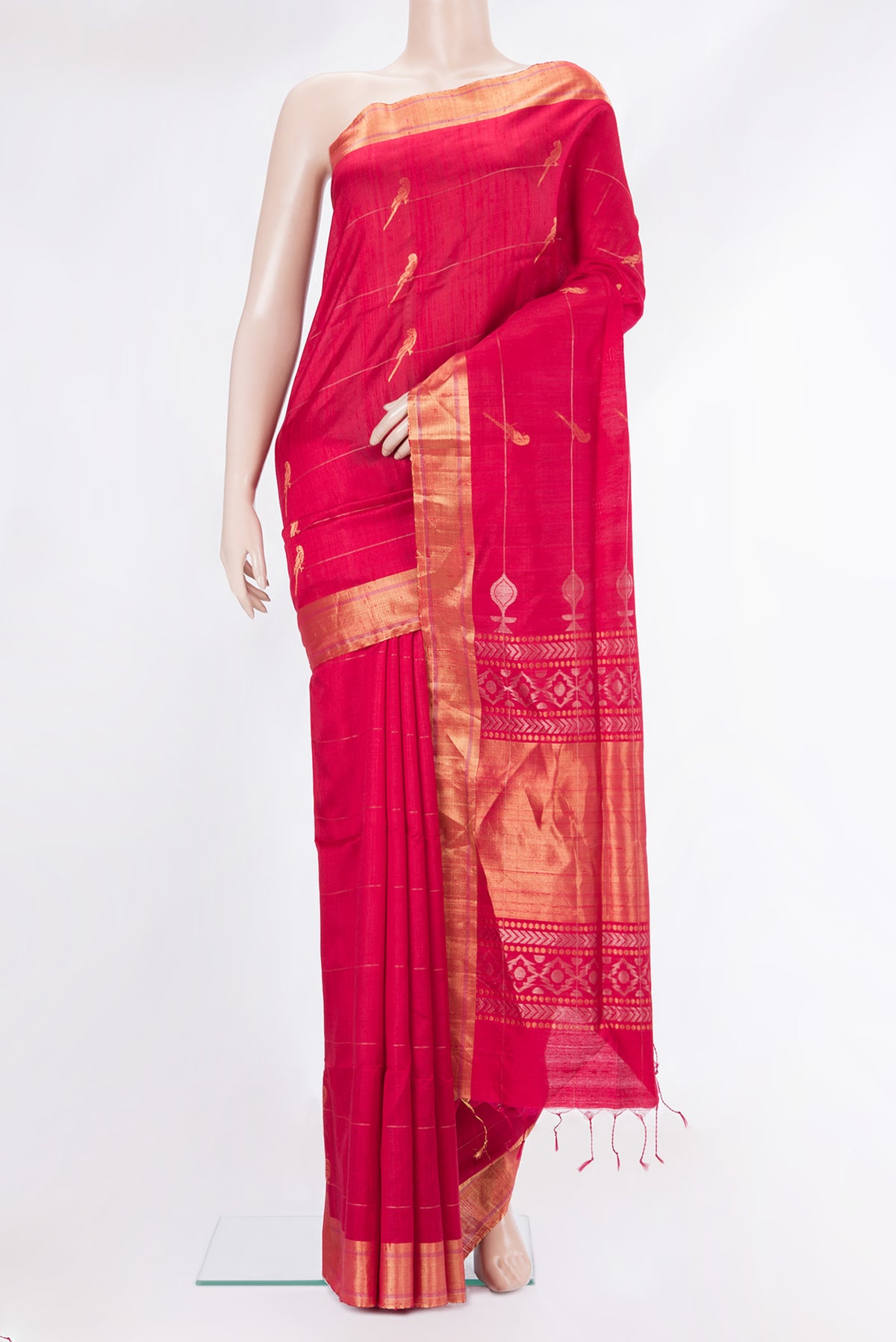 Pure Silk Red Dual Tone Raw Saree with Zari Butta on the body and Zari Border.  displayed on a mannequin