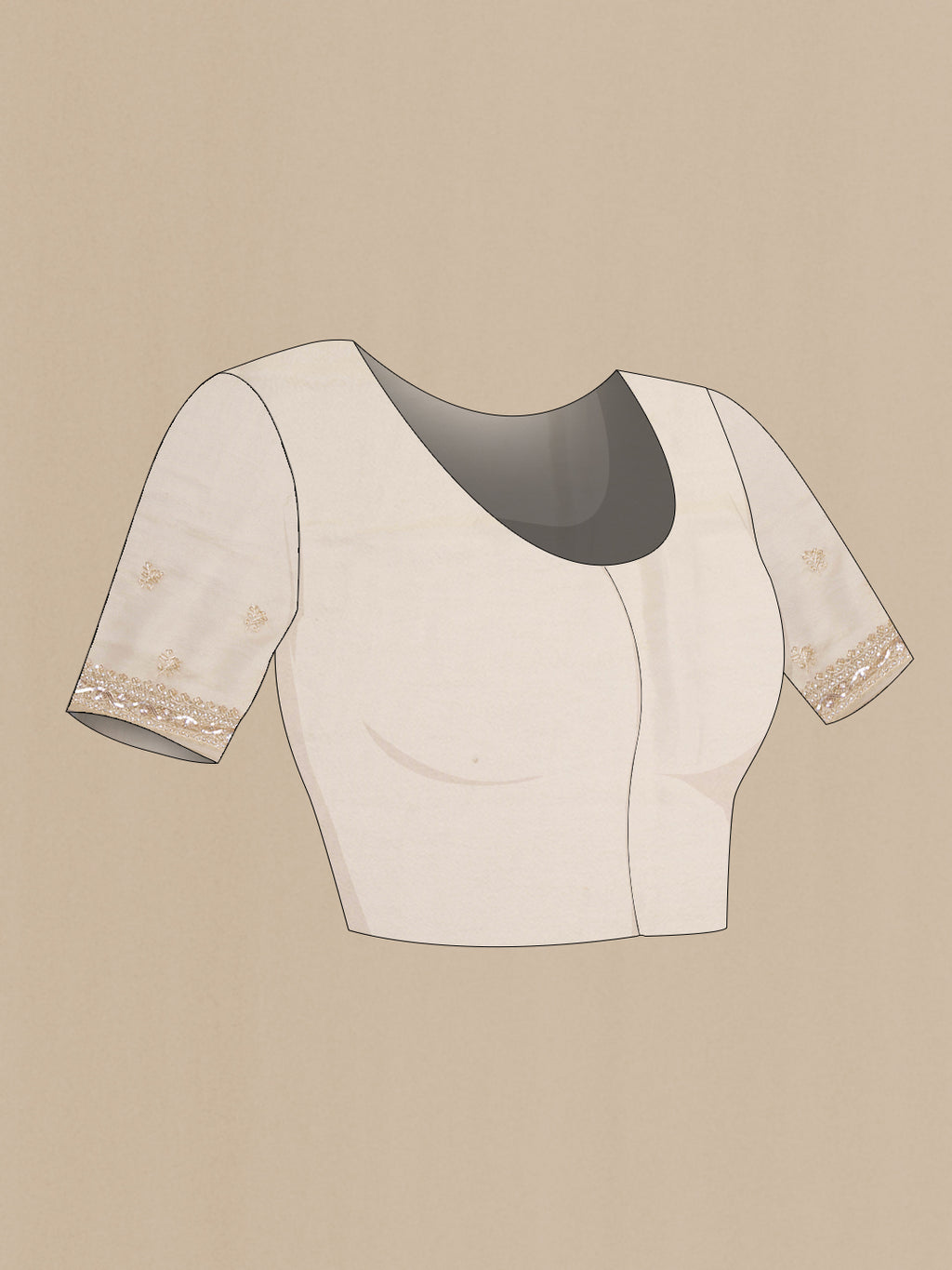 Close up image of the blouse of Beige Organza Silk Saree with Embroidery on the body and Sequin Border. 