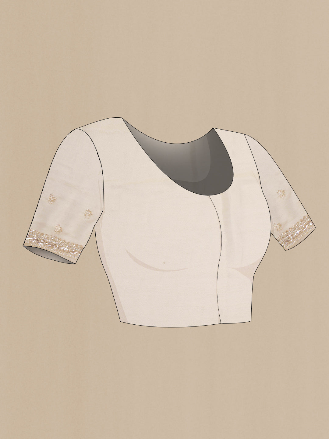 Close up image of the blouse of Beige Organza Silk Saree with Embroidery on the body and Sequin Border. 