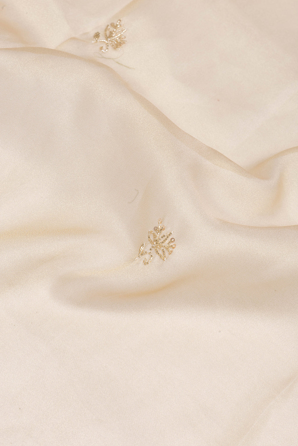 Close up of Beige Organza Silk Saree with Embroidery on the body and Sequin Border.  displaying folds