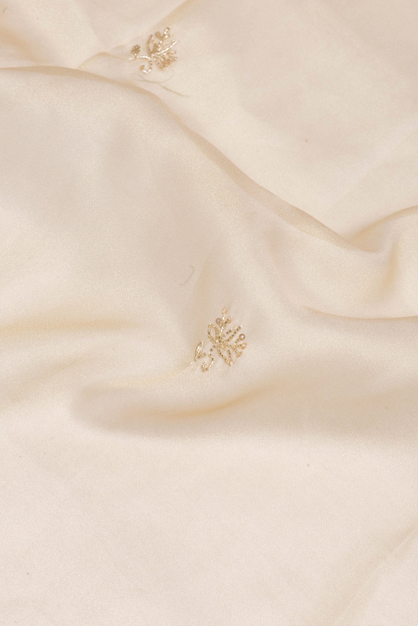 Close up of Beige Organza Silk Saree with Embroidery on the body and Sequin Border.  displaying folds
