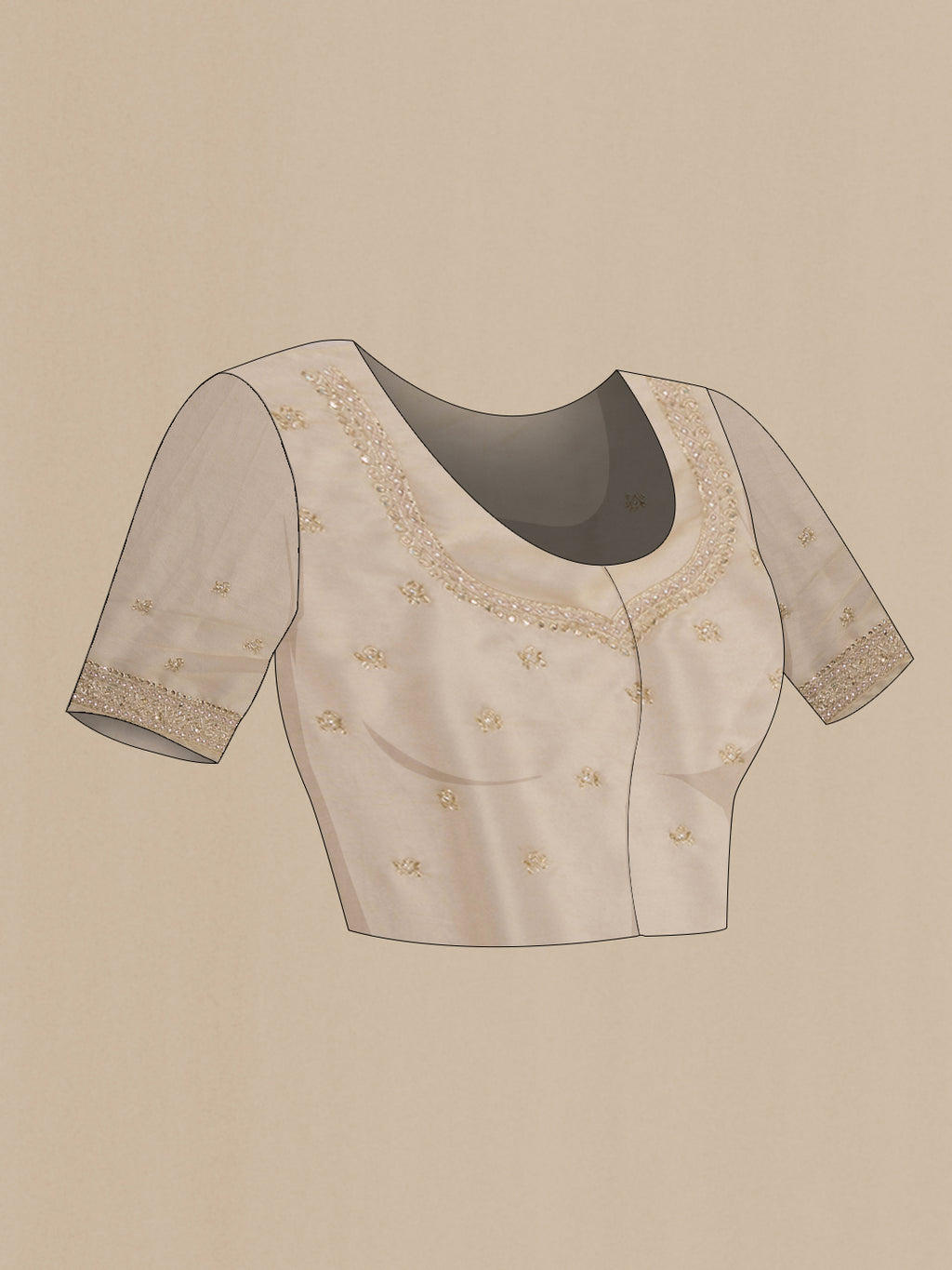 Close up image of the blouse of Beige Dual Tone Organza Saree with Embroidery on the body and Embroidery Border. 