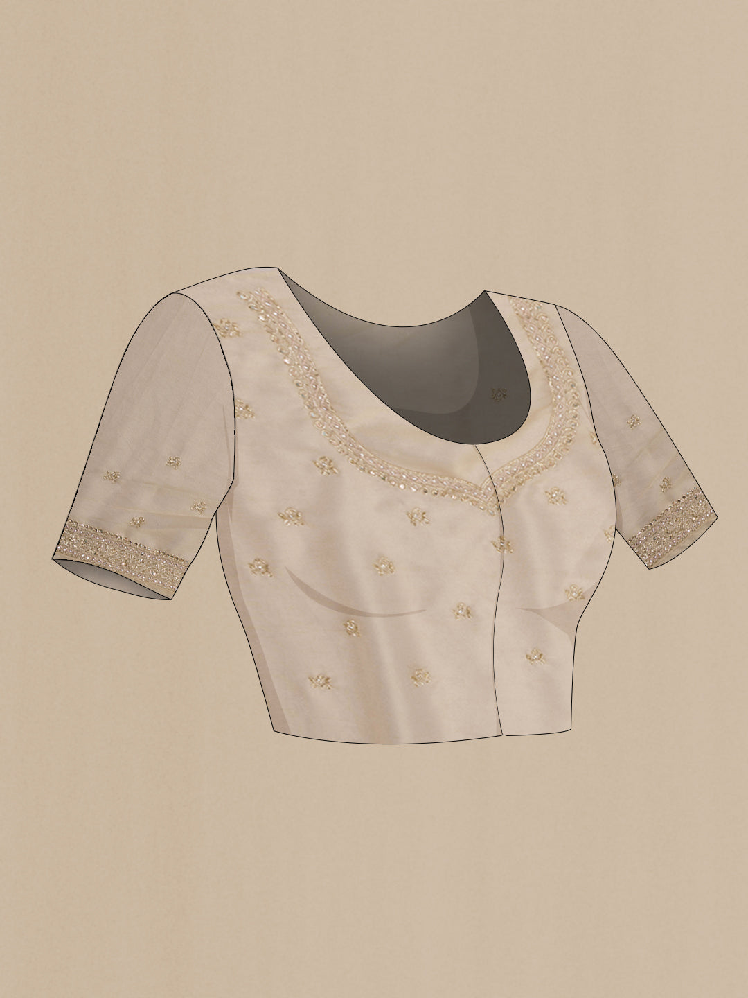 Close up image of the blouse of Beige Dual Tone Organza Saree with Embroidery on the body and Embroidery Border. 