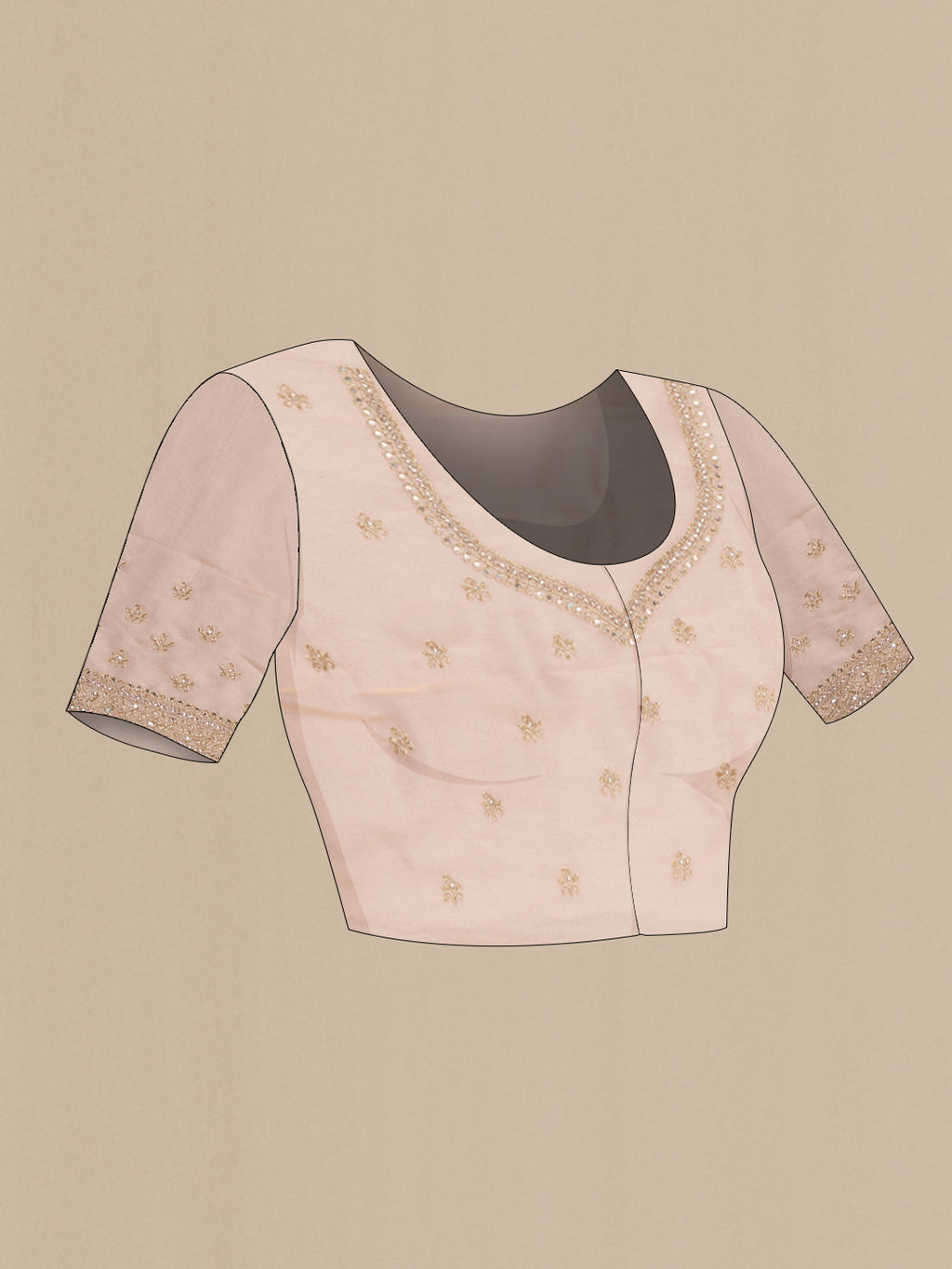 Close up image of the blouse of Sandal Dual Tone Organza Saree with Embroidery on the body and Embroidery Border. 
