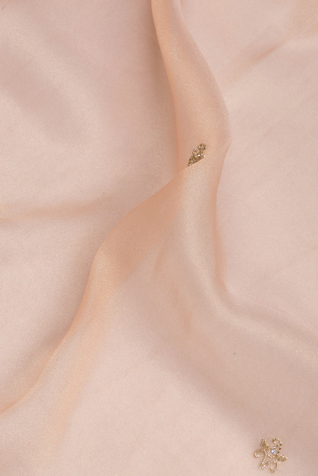 Close up of Sandal Dual Tone Organza Saree with Embroidery on the body and Embroidery Border.  displaying folds