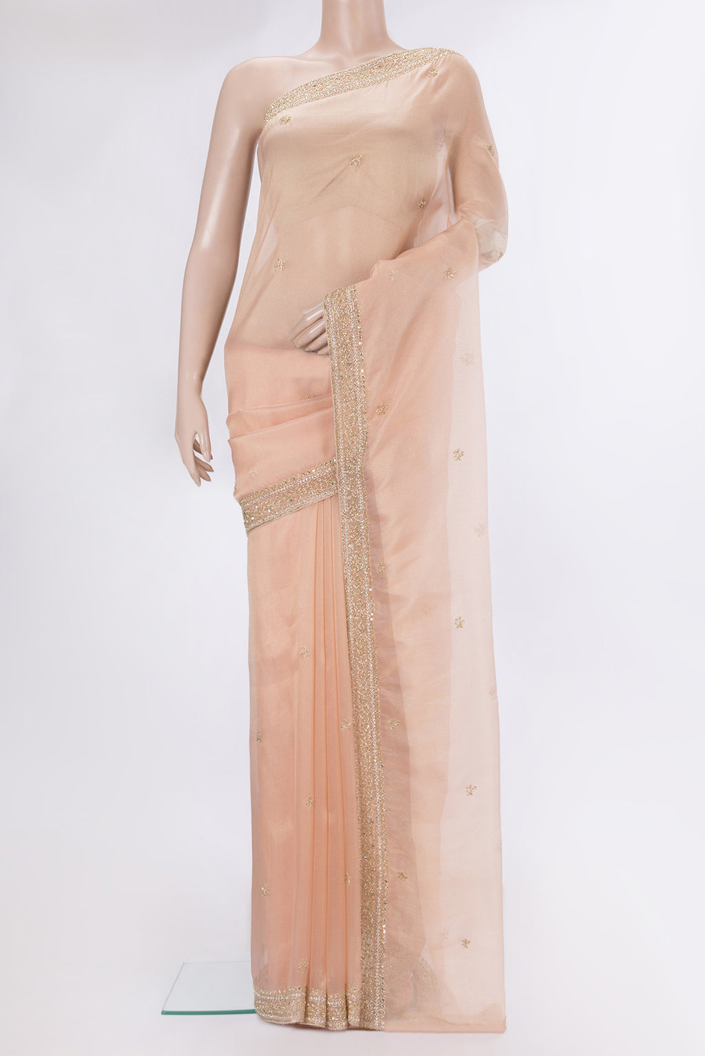 Sandal Dual Tone Organza Saree with Embroidery on the body and Embroidery Border.  displayed on a mannequin