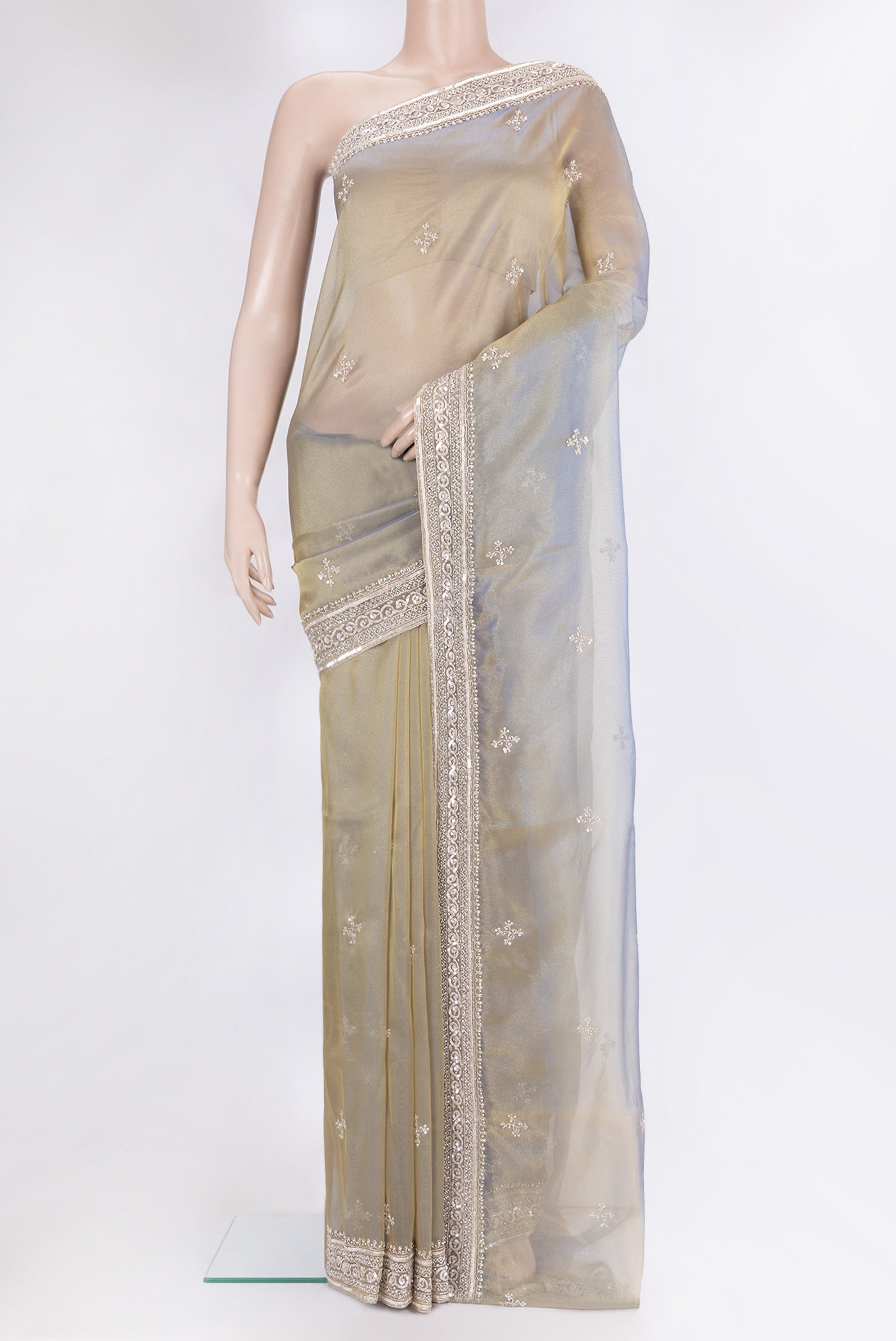 Light Blue Dual Tone Organza Silk Saree with Embroidery on the body and Sequin Border.  displayed on a mannequin