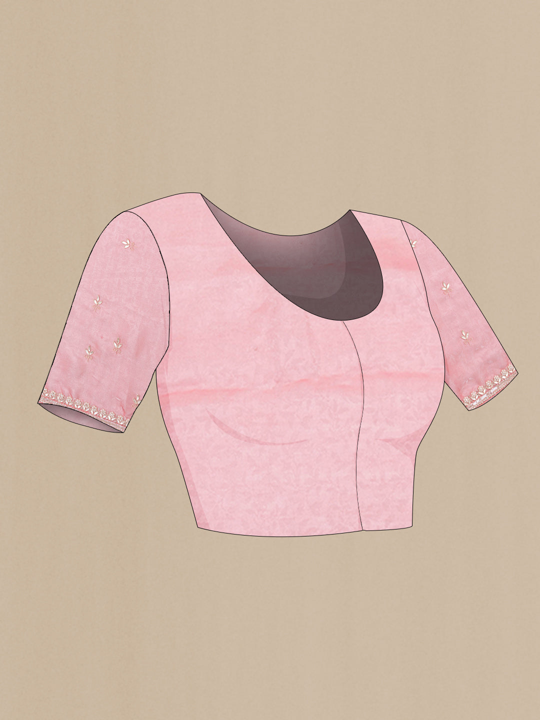 Close up image of the blouse of Pink Organza Silk Saree with Embroidery on the body and Embroidery Border. 