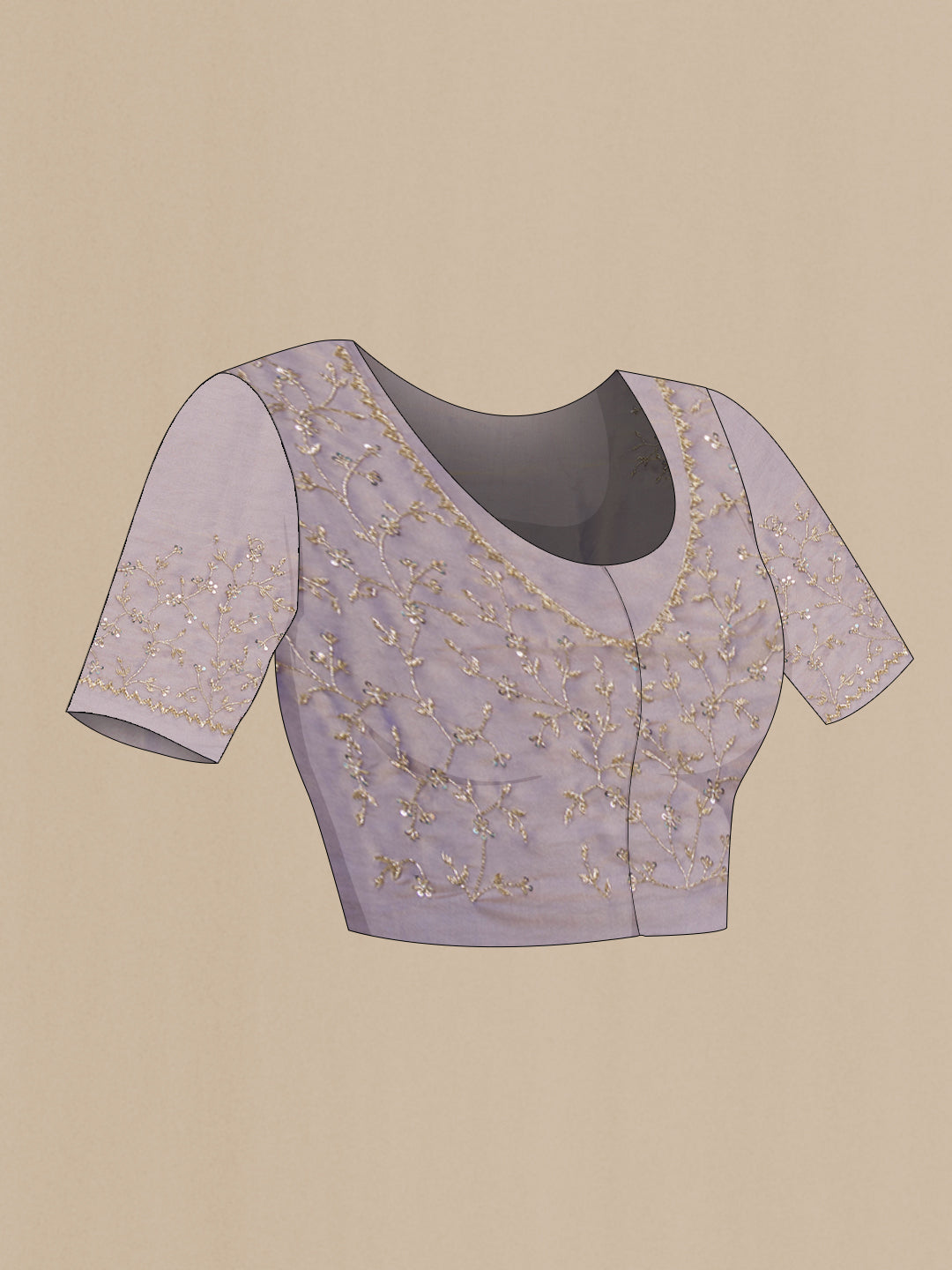 Close up image of the blouse of Purple Organza Silk Saree with Embroidery on the body and Sequin Border. 