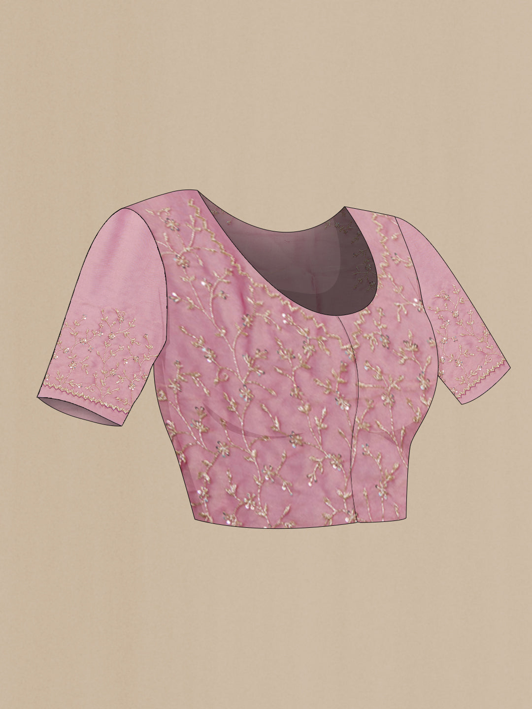 Close up image of the blouse of Pink Organza Silk Saree with Embroidery on the body and Sequin Border. 