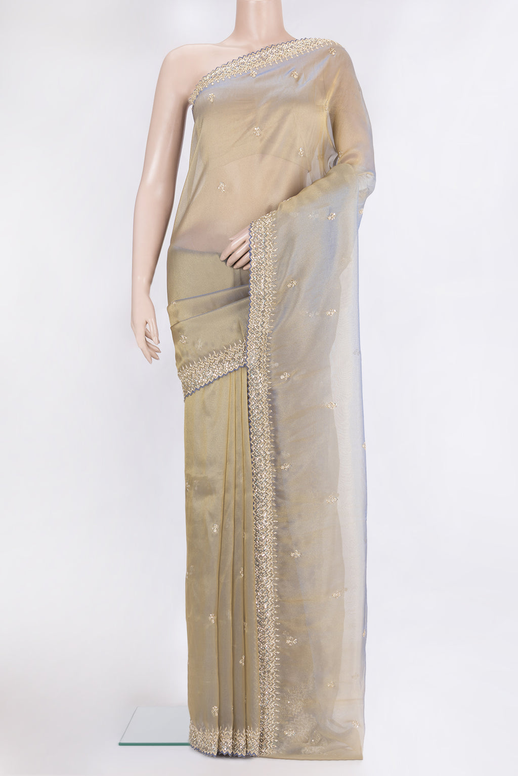 Light Blue Dual Tone Organza Silk Saree with Embroidery on the body and Sequin Border.  displayed on a mannequin