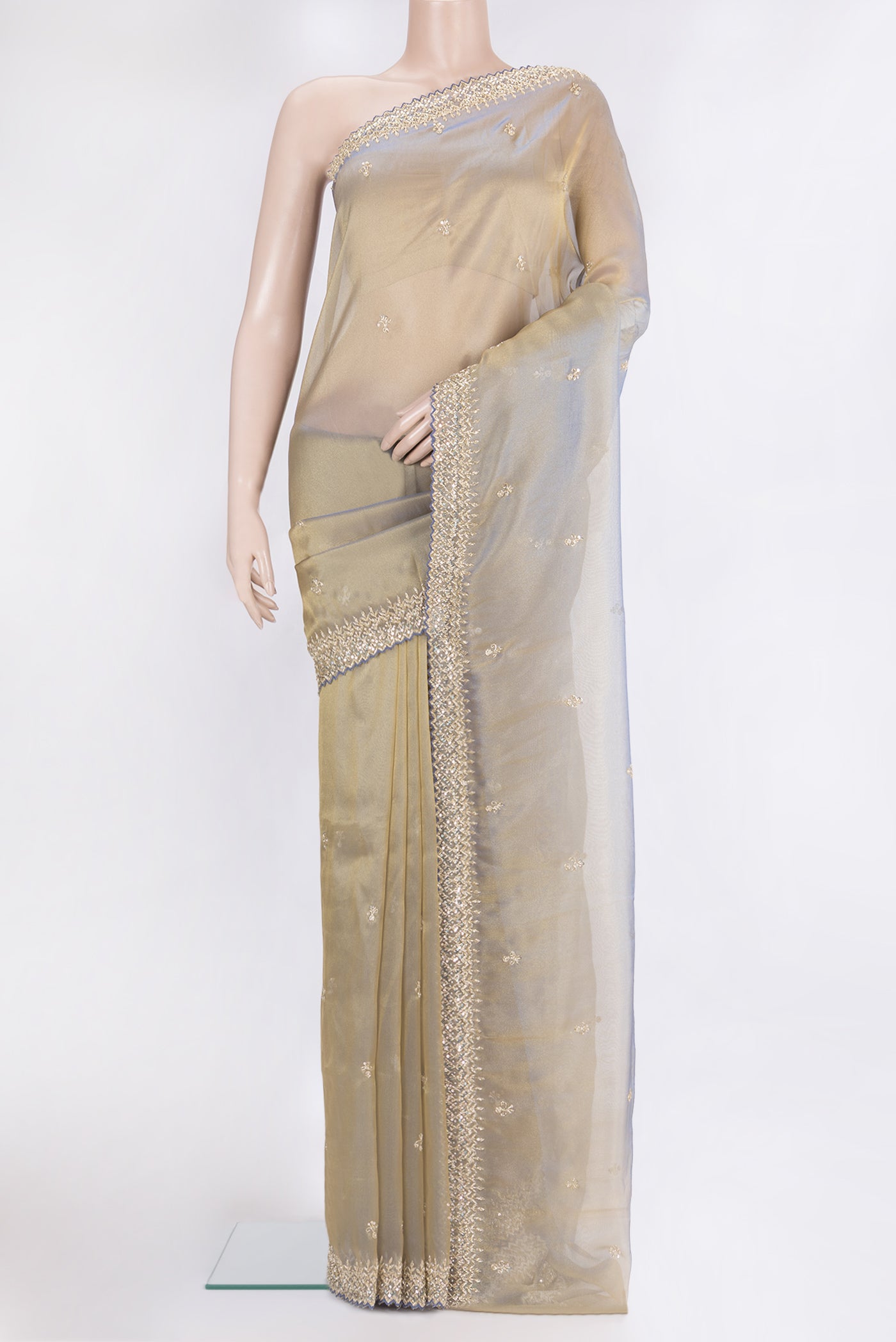 Light Blue Dual Tone Organza Silk Saree with Embroidery on the body and Sequin Border.  displayed on a mannequin