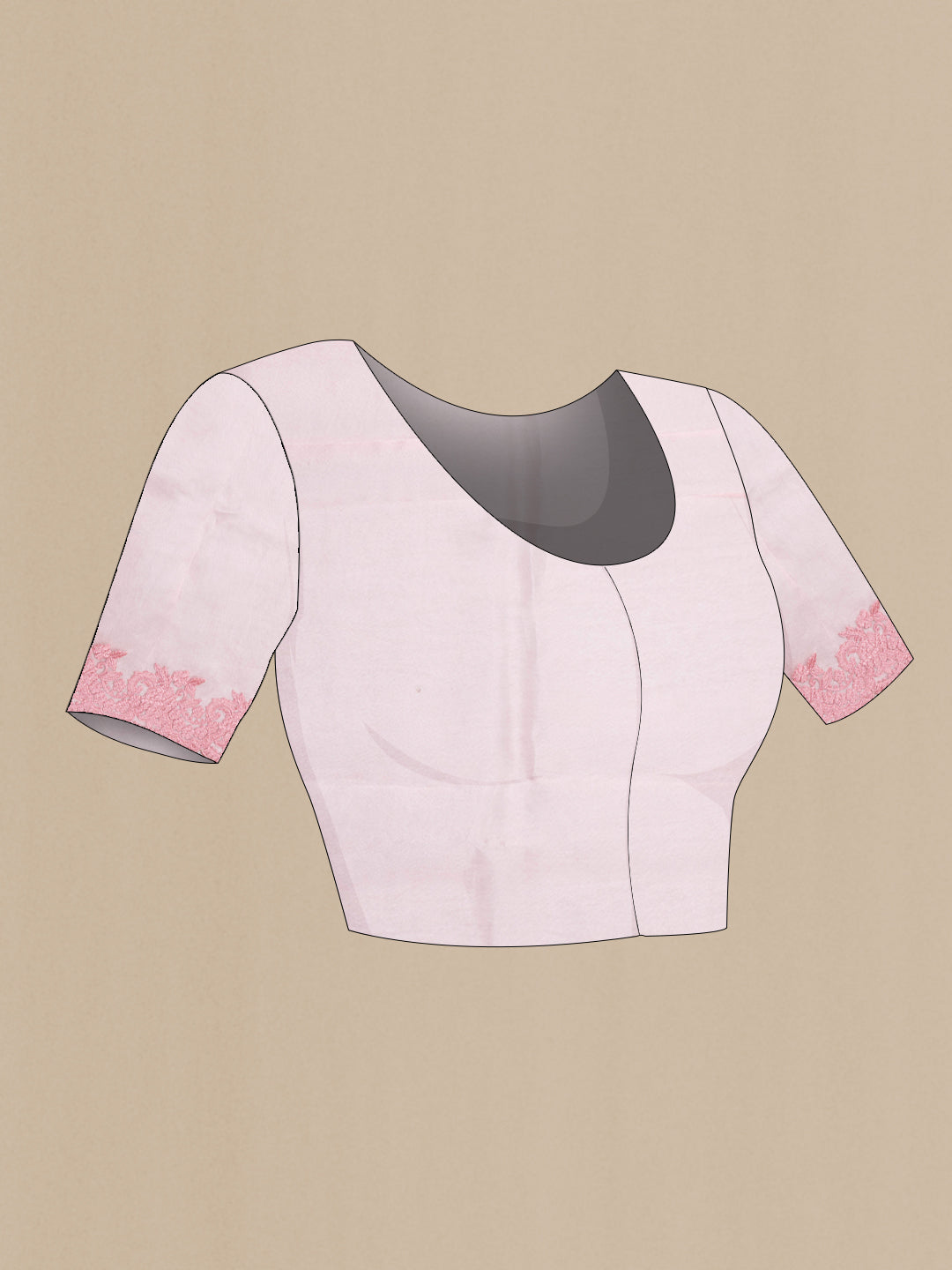 Close up image of the blouse of Rose pink Organza Silk Saree with Embroidery on the body and Embroidery Border. 