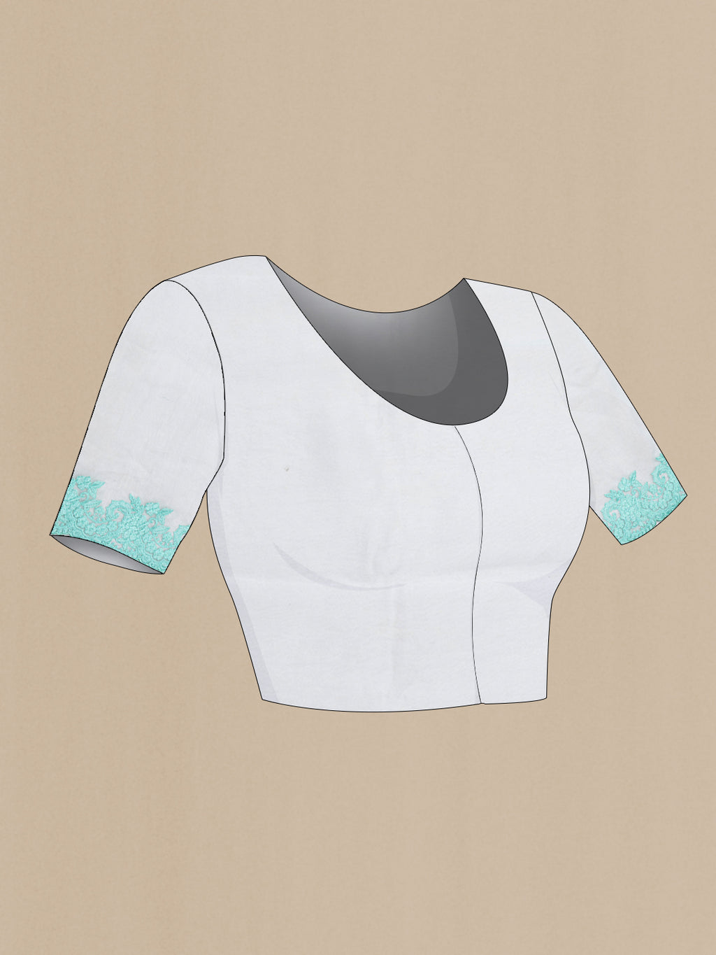 Close up image of the blouse of Light Blue Organza Silk Saree with Embroidery on the body and Embroidery Border. 