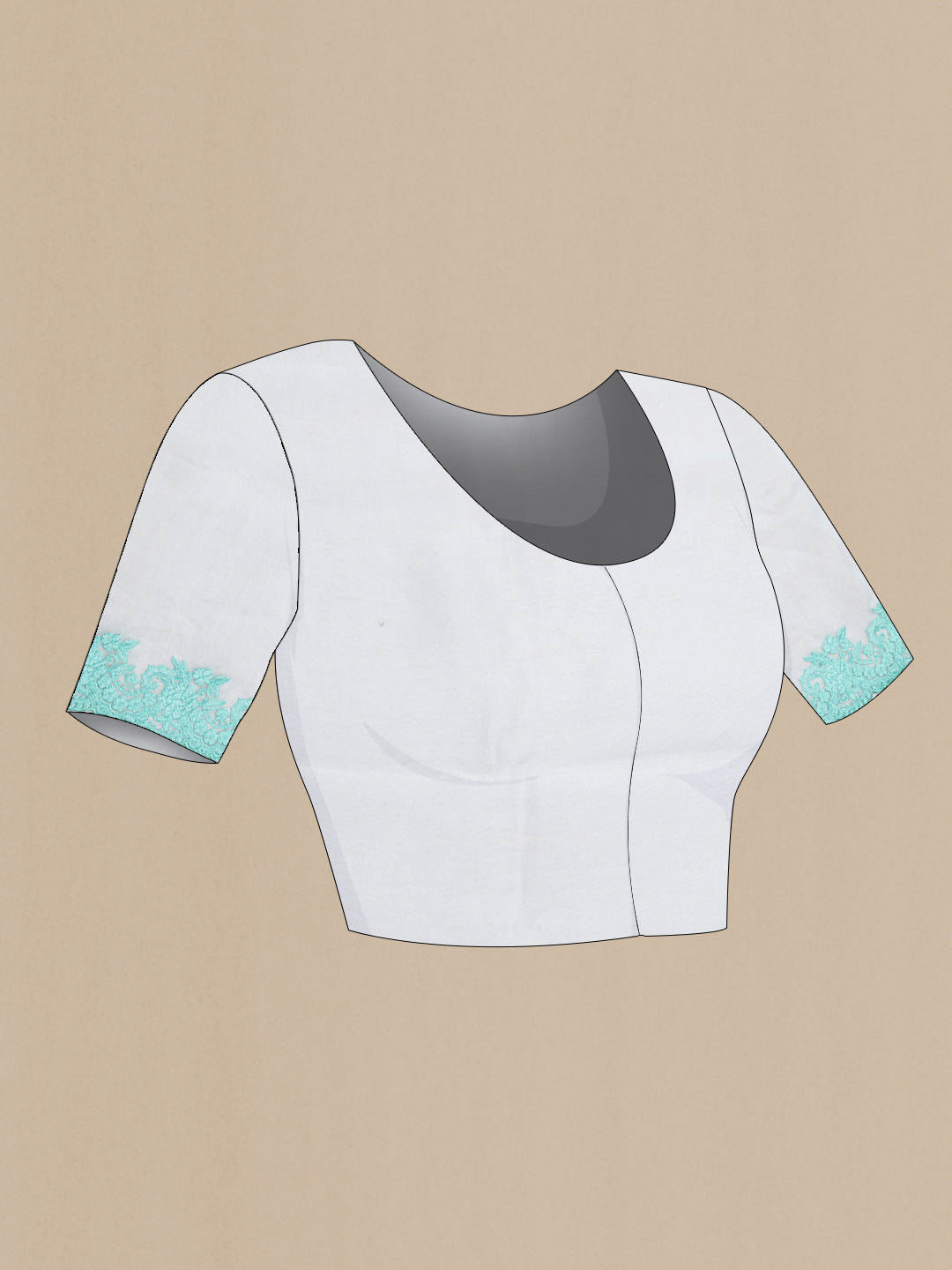 Close up image of the blouse of Light Blue Organza Silk Saree with Embroidery on the body and Embroidery Border. 