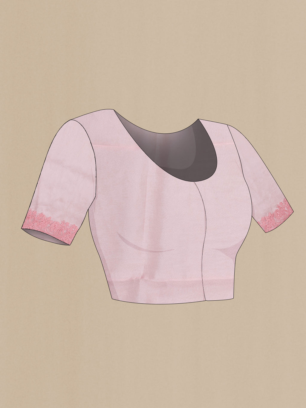 Close up image of the blouse of Rose pink Organza Silk Saree with Embroidery on the body and Embroidery Border. 