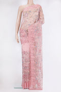 Rose pink Organza Silk Saree with Embroidery on the body and Embroidery Border.  displayed on a mannequin