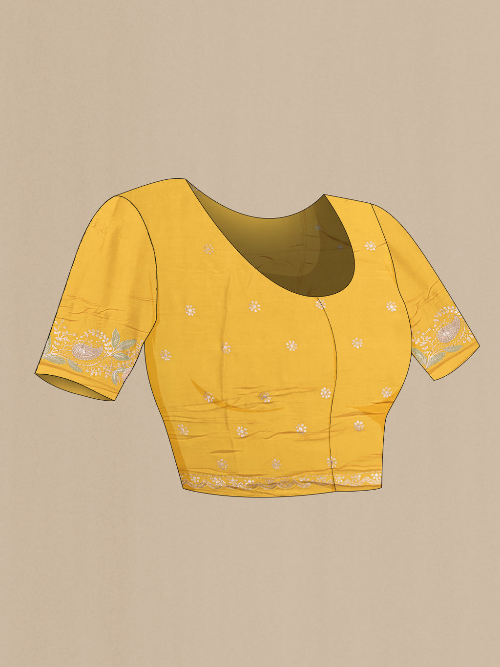 Close up image of the blouse of Yellow Organza Silk Saree with Plain Body and Embroidery Border. 